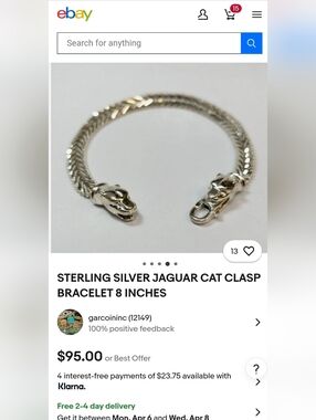 Milor 925 Sterling Silver Jaguar or Panther clasp bracelet. 16.4 grms.